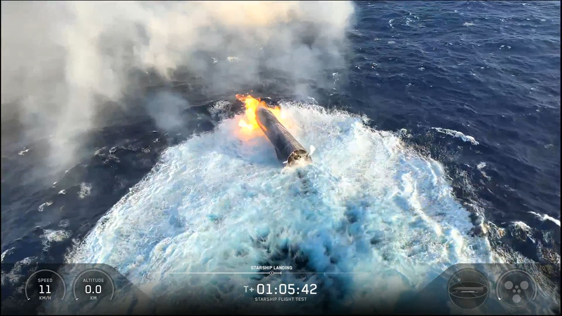 SpaceX webcast still of Ship 40 floating intact after Flight 13 soft splashdown in the Indian Ocean