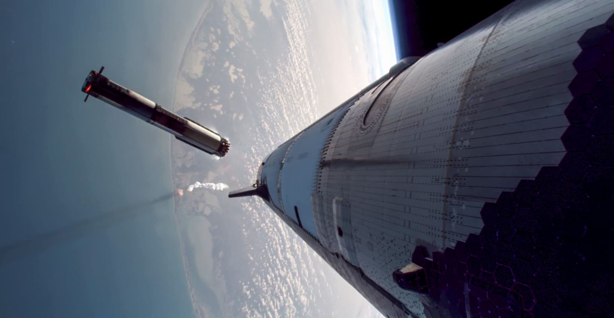 SpaceX onboard view from Starship Flight 8 during the coast / separation phase